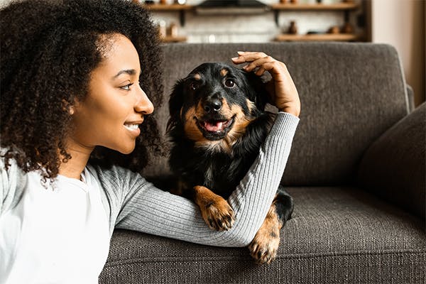 Beautiful-African-American-woman-with-cute-dog-at-home